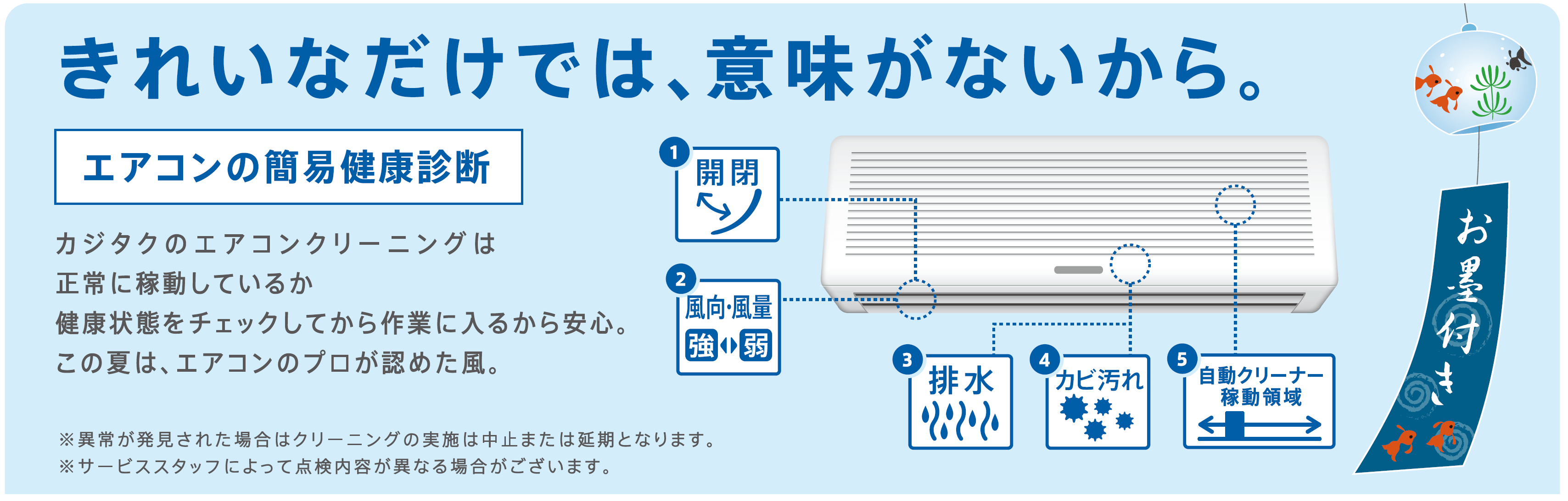 エアコンの簡易健康診断（1：開閉、2：風向・風量、3：排水、4：カビ汚れ、5：自動クリーナー可動領域）