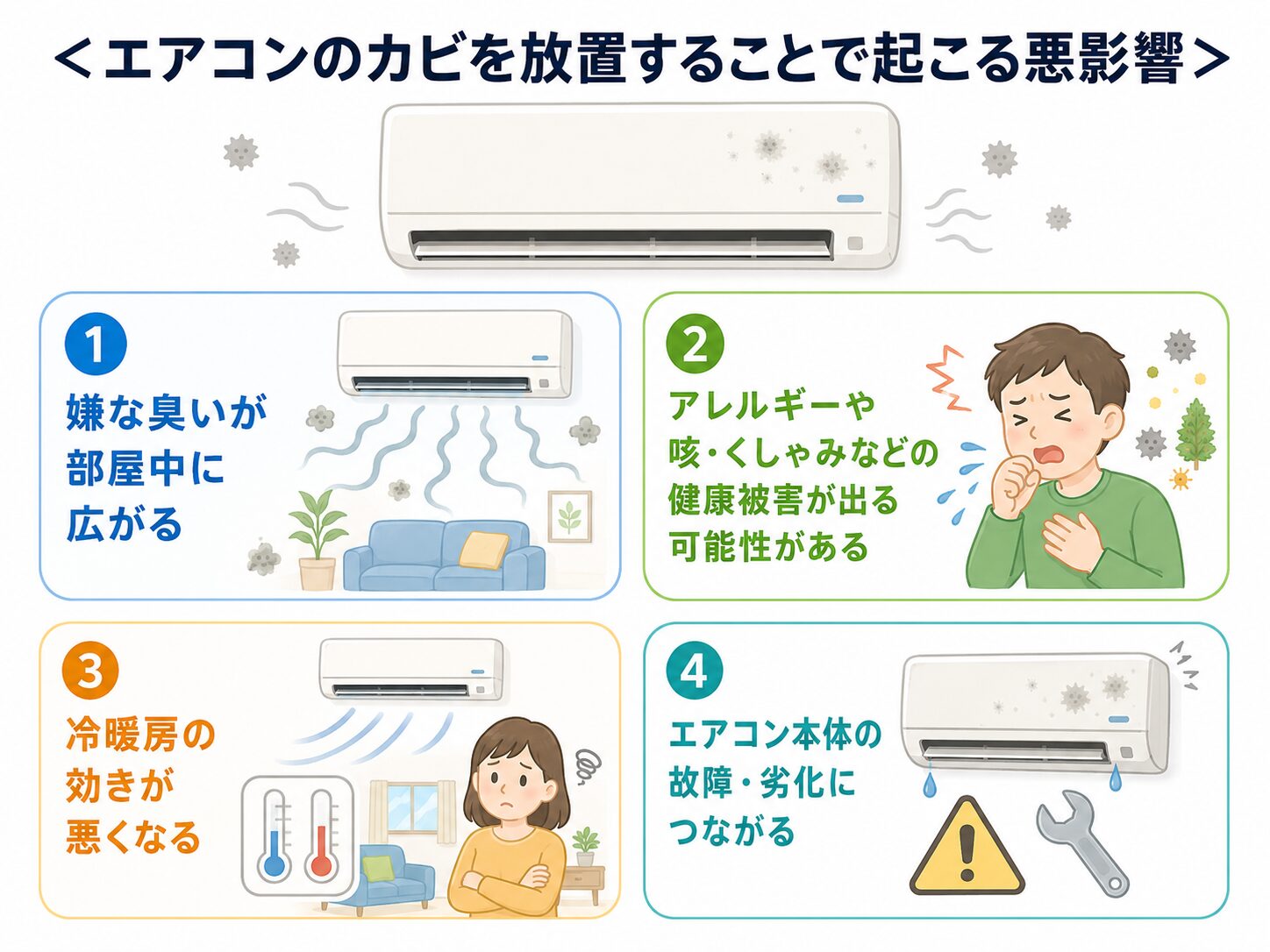 エアコンに発生したカビを放置すると起こる悪影響