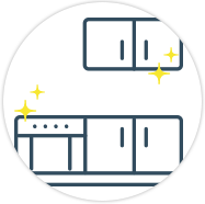 キッチン、台所の壁や棚の拭き上げシンクの水垢も洗浄、清潔に