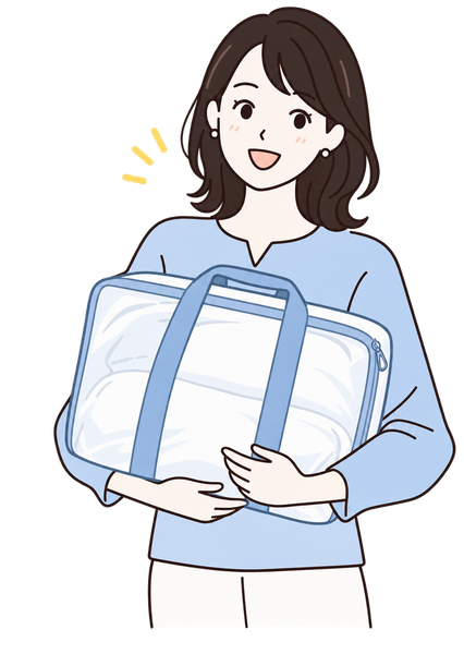 羽毛布団の配送バッグを抱える女性のイラスト