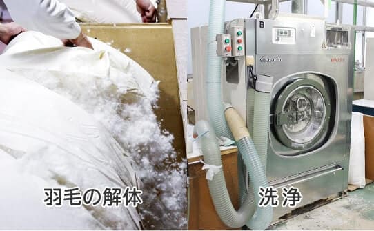 羽毛を解体して専用機器で洗浄する工程