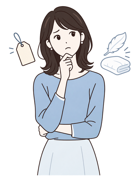 価格と素材の選び方を考える女性のイラスト
