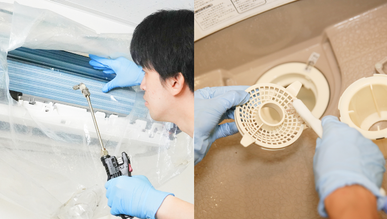 エアコン内部と浴室換気扇を隅々まで洗浄する様子