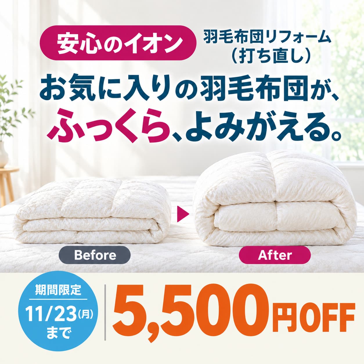 羽毛布団リフォーム（打ち直し） 11月23日まで5,500円OFF