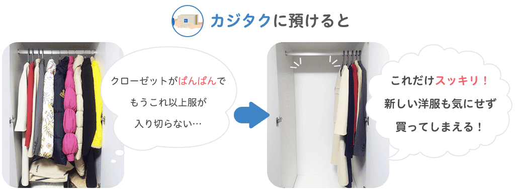 クローゼットがぱんぱんでもうこれ以上服が入り切らない→(カジタクに預けると)これだけスッキリ!新しい洋服も気にせず買ってしまえる!
